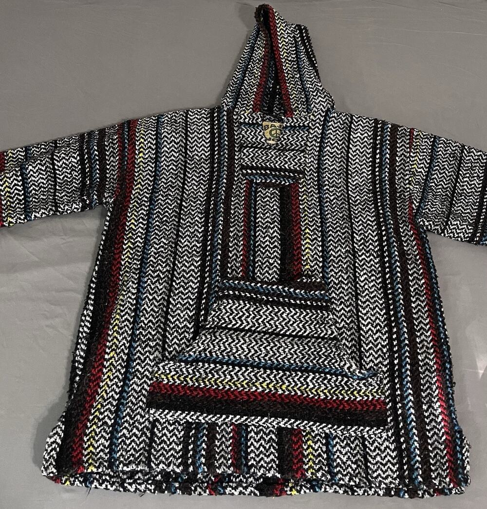 VTG Baja Joe Mexican Drug Rug Hoodie Mens Medium Black Gray Striped Surf Poncho